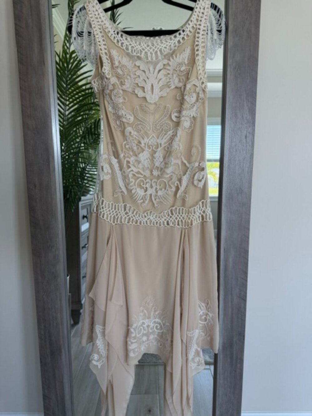 Vintage 90s Sue Wong Nocturne Beaded Champagne Handkerchief Hem Dress